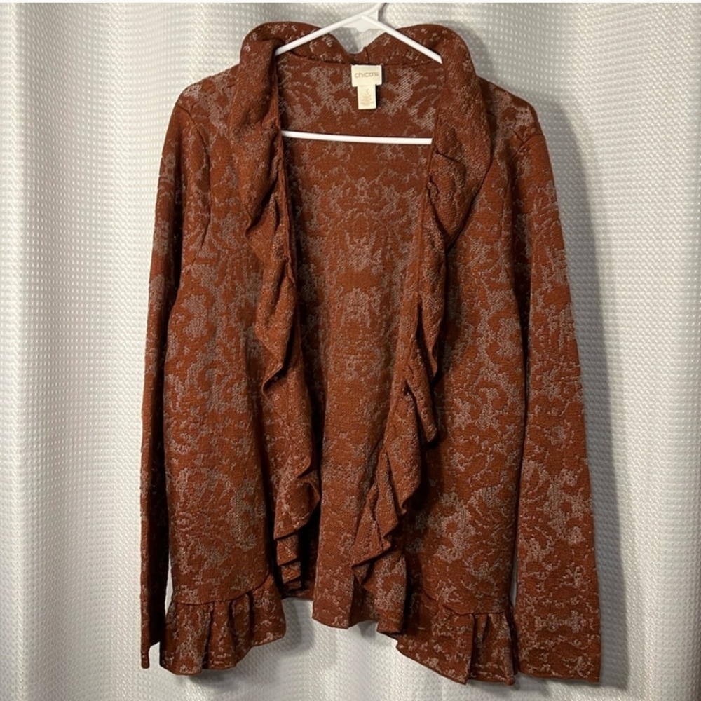 CHICO'S elegant RUFFLE JACKET  cardigan XL chico's 3 LONG SLEEVES open front